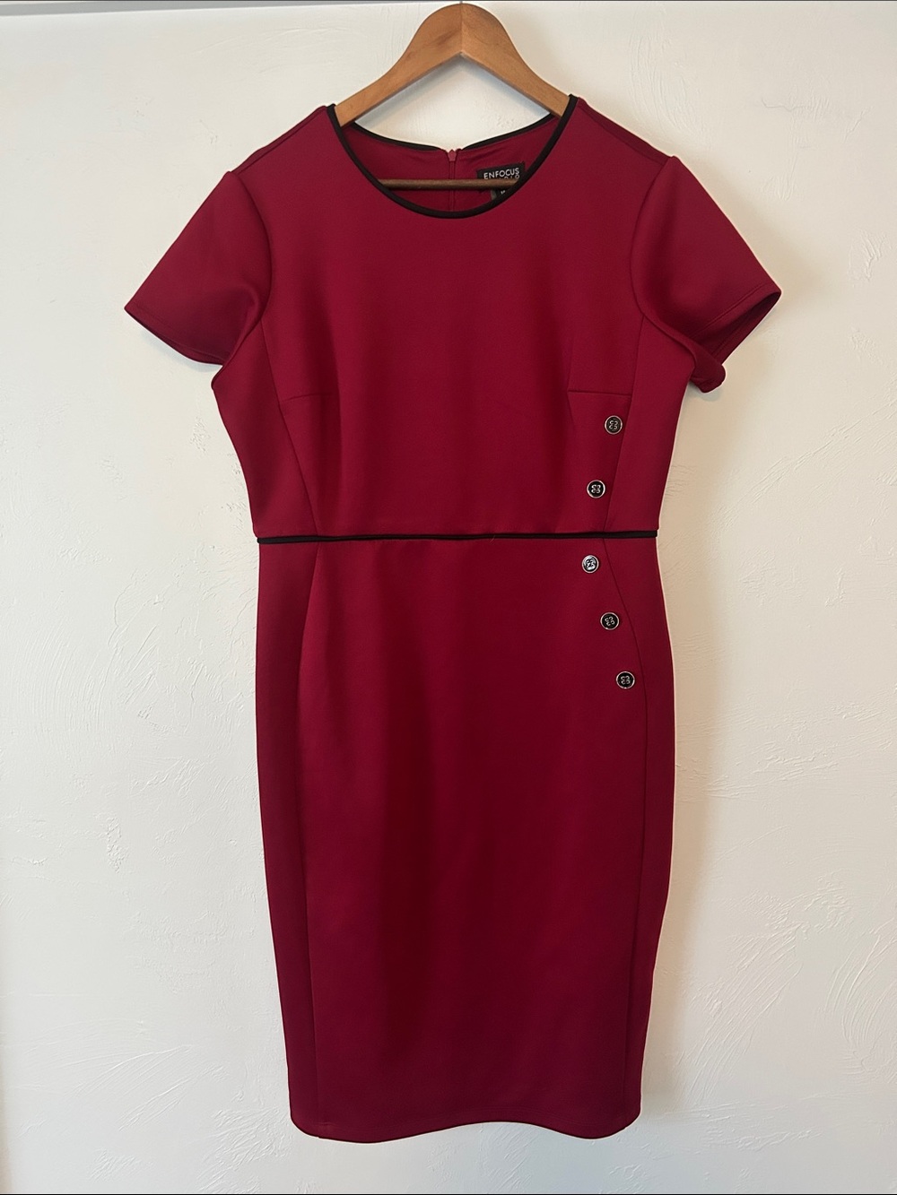 Enfocus Studio Burgundy Midi Sheath Dress with Black Trim
